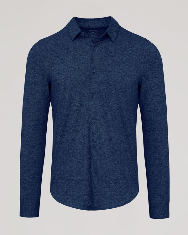 Blue button-up shirt on a light gray background