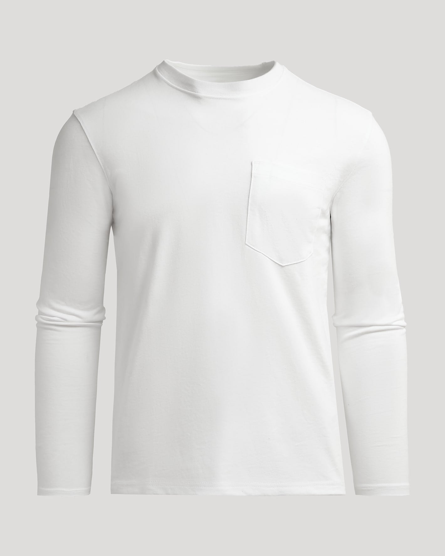 White Heavyweight Long Sleeve Pocket Crew with reinforced chest pocket.