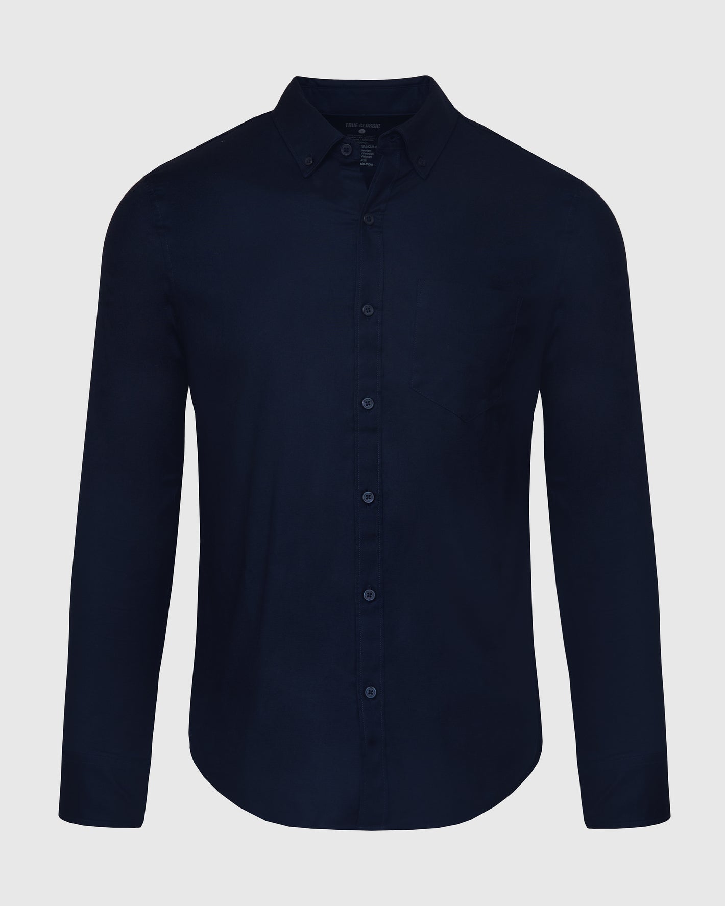 Navy Stretch Oxford Long Sleeve Button Up Shirt with chest pocket.