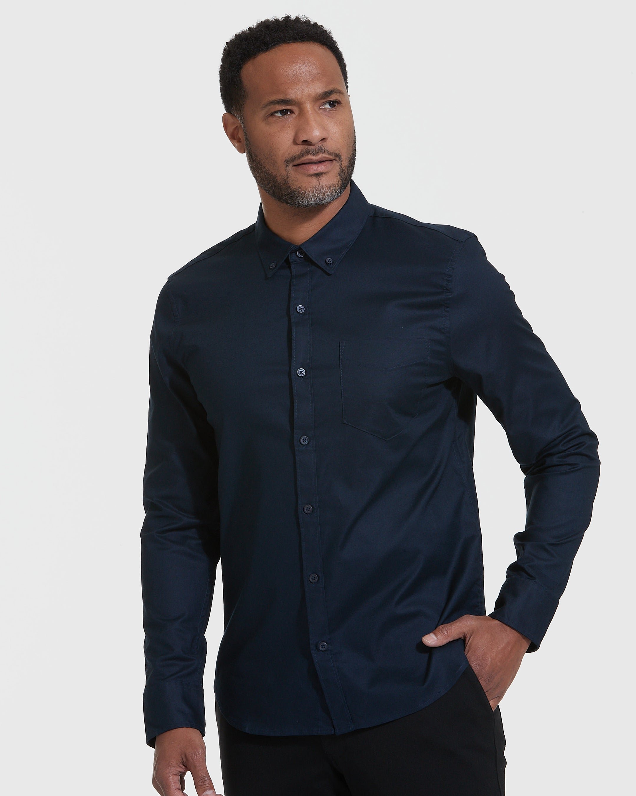 Navy Stretch Oxford Long Sleeve Button Up Shirt