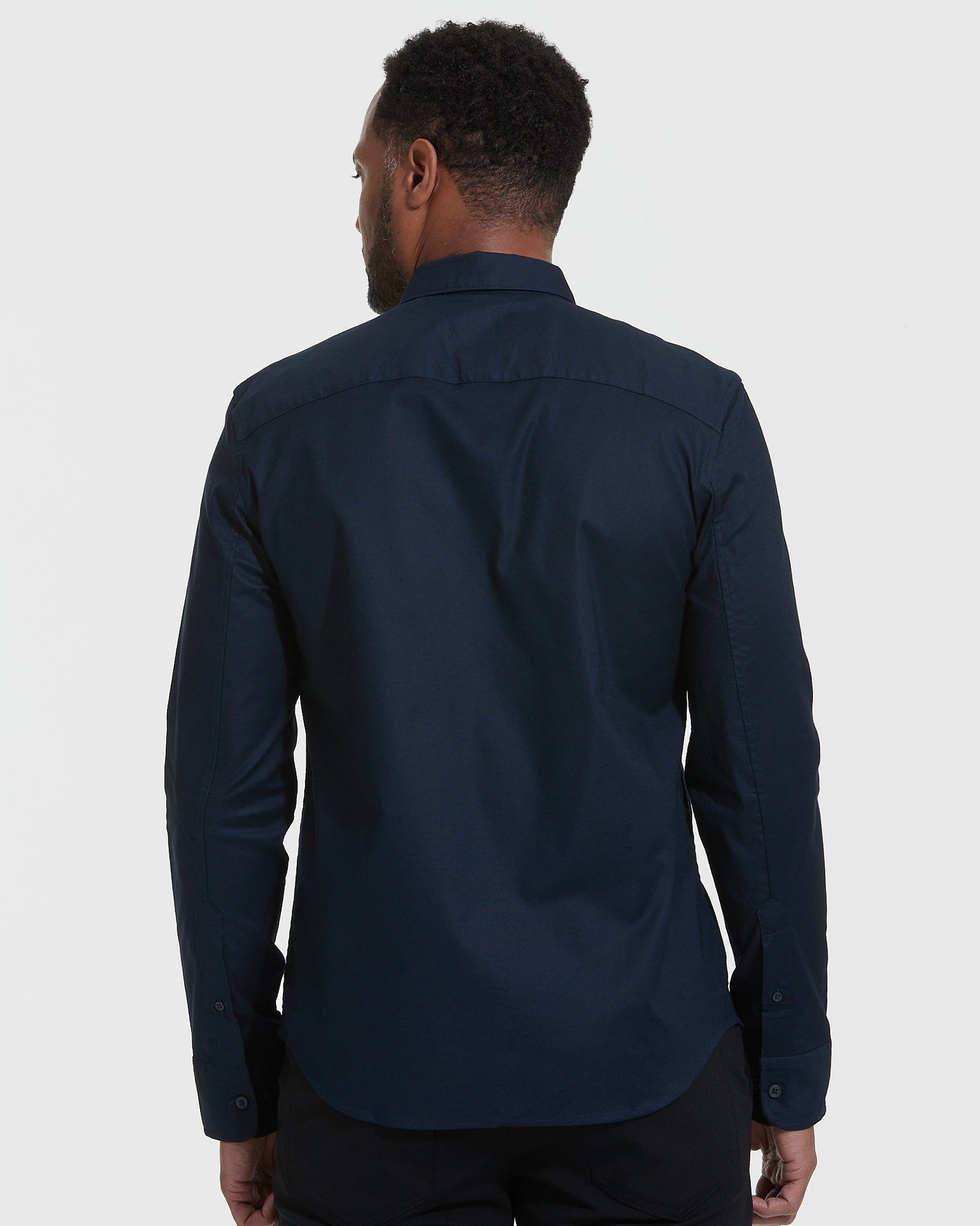 Navy Stretch Oxford Long Sleeve Button Up Shirt, back view showing fit.
