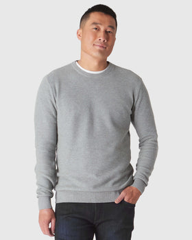 Heather Gray Pique Crew Sweater on model with jeans.