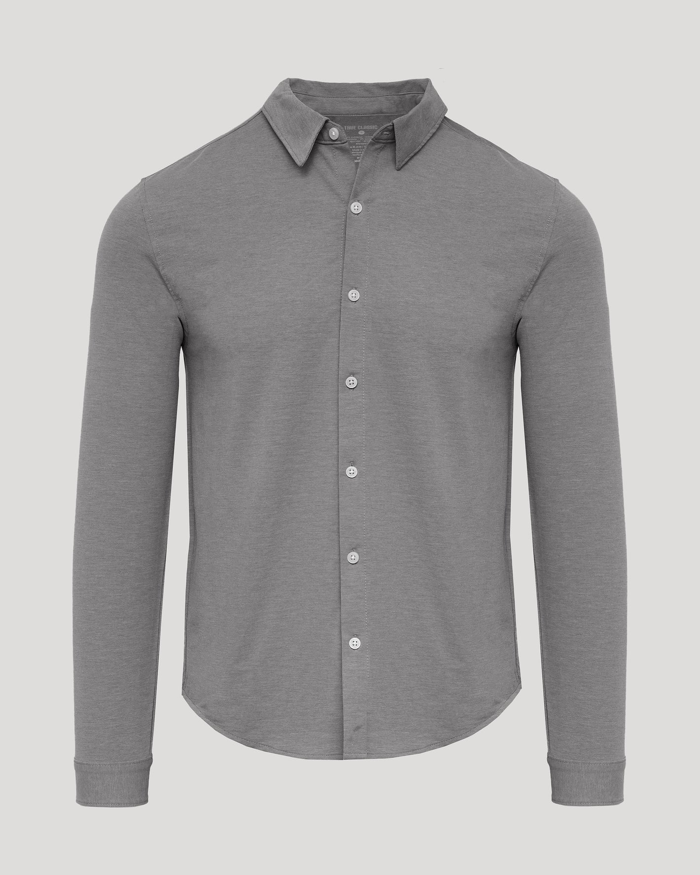 Oak Stretch Oxford 2.0: Medium-gray, long-sleeve, button-front shirt with classic collar.