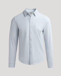 True ClassicSteel Stripe Stretch Oxford 2.0, light-blue, pinstriped, button-front dress shirt.