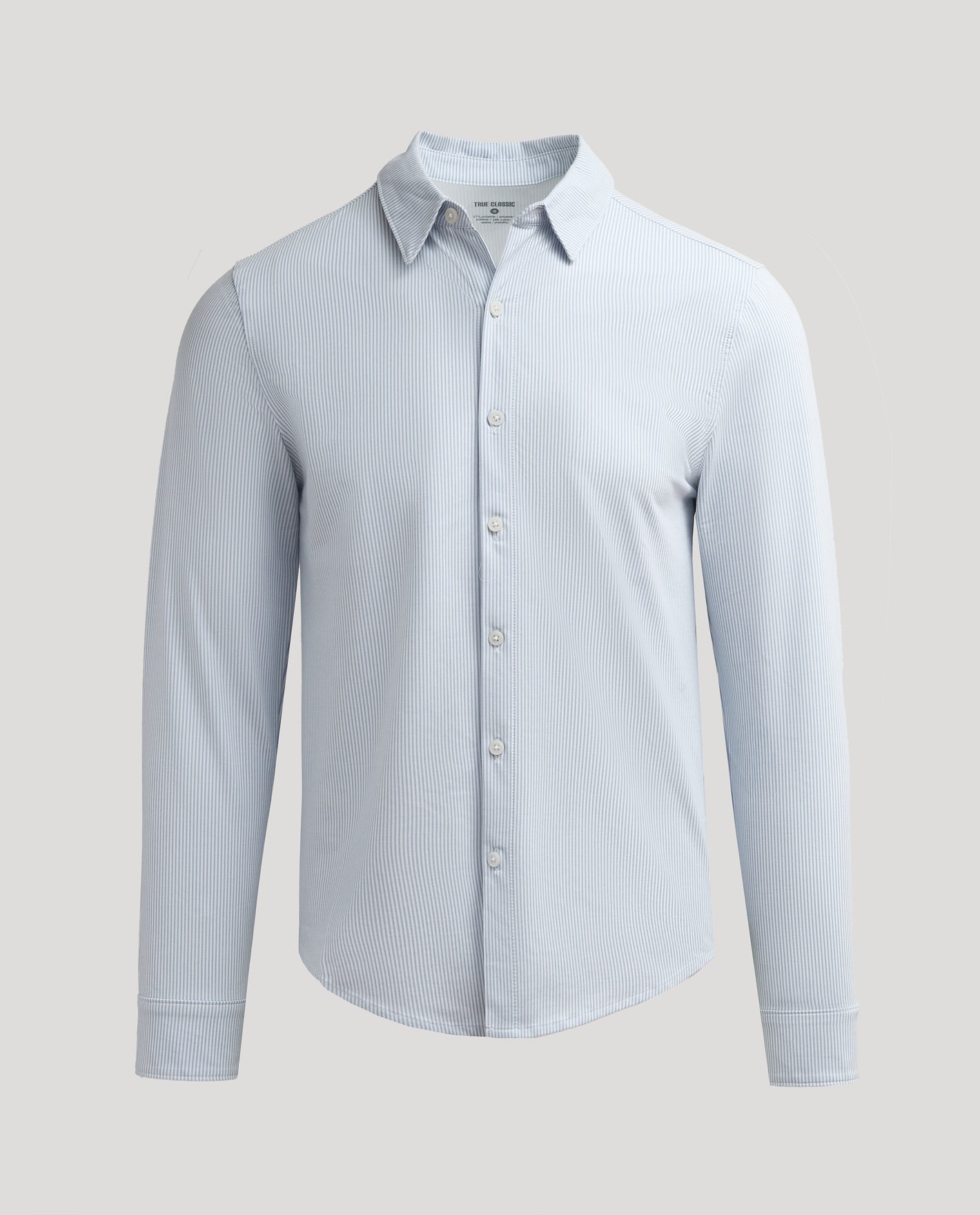 Steel Stripe Stretch Oxford 2.0, light-blue, pinstriped, button-front dress shirt.