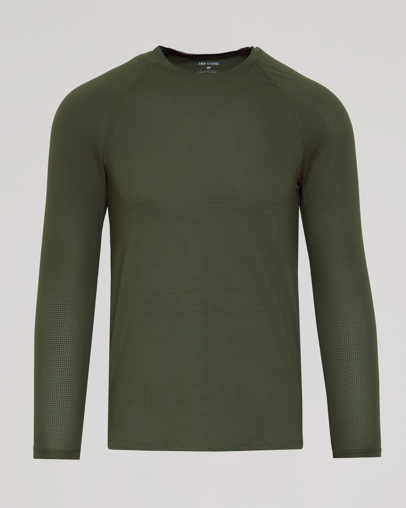 Kelp Long Sleeve Active Mesh Crew, waffle-knit, laid flat, True Classic label.