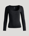 Womens Black Ribbed Long Sleeve Scoop Neck Tee against neutral backdrop.