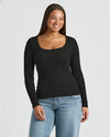 Woman in Womens Black Ribbed Long Sleeve Scoop Neck Tee.