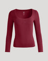 Womens Dark Maroon Ribbed Long Sleeve Scoop Neck Tee, textured, True Classic label.