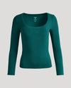 Womens Deep Emerald Ribbed Long Sleeve Scoop Neck Tee, fitted and textured.