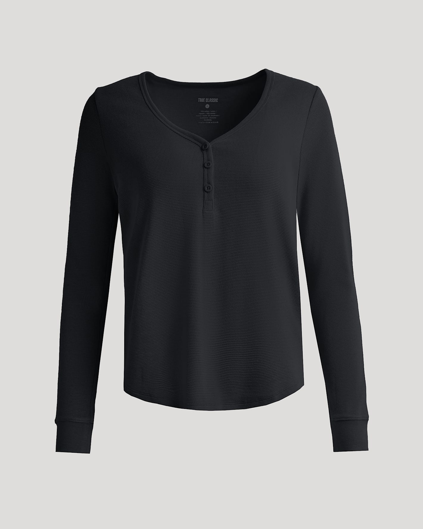 Womens Black Waffle Long Sleeve Boxy Henley with scoop neckline and button placket.