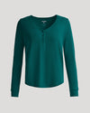 Womens Deep Emerald Waffle Long Sleeve Boxy Henley with button placket.