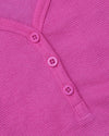 Womens Electric Fuchsia Waffle Long Sleeve Boxy Henley close-up with button placket.