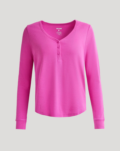 Waffle Long Sleeve Boxy Henley - Electric Fuchsia