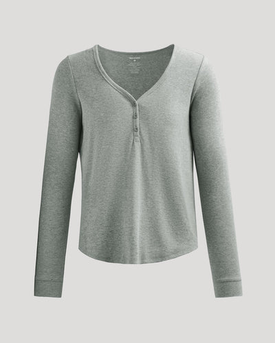 Waffle Long Sleeve Boxy Henley - Heather Gray
