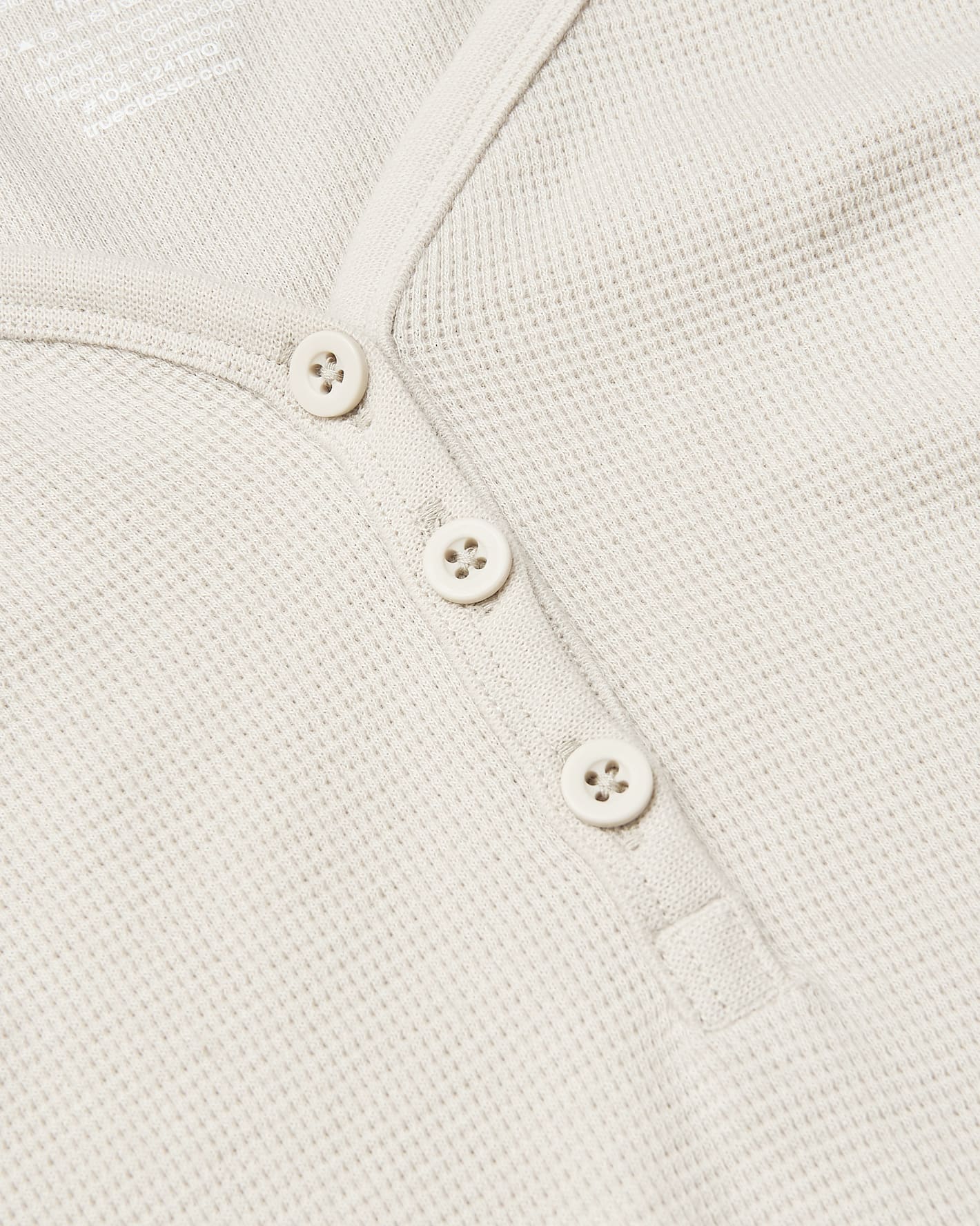 Womens Oatmeal Waffle Long Sleeve Boxy Henley close-up with buttons.
