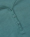 Womens Stormcloud Waffle Long Sleeve Boxy Henley, close-up of buttoned neckline.