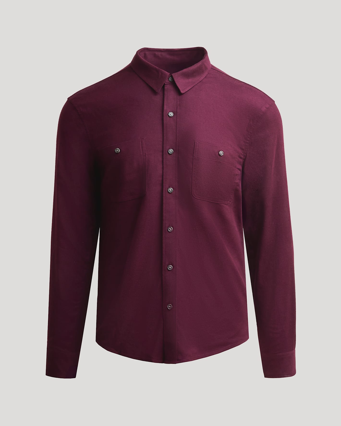 Aubergine Long Sleeve Flannel Shirt with button-front and chest pockets.