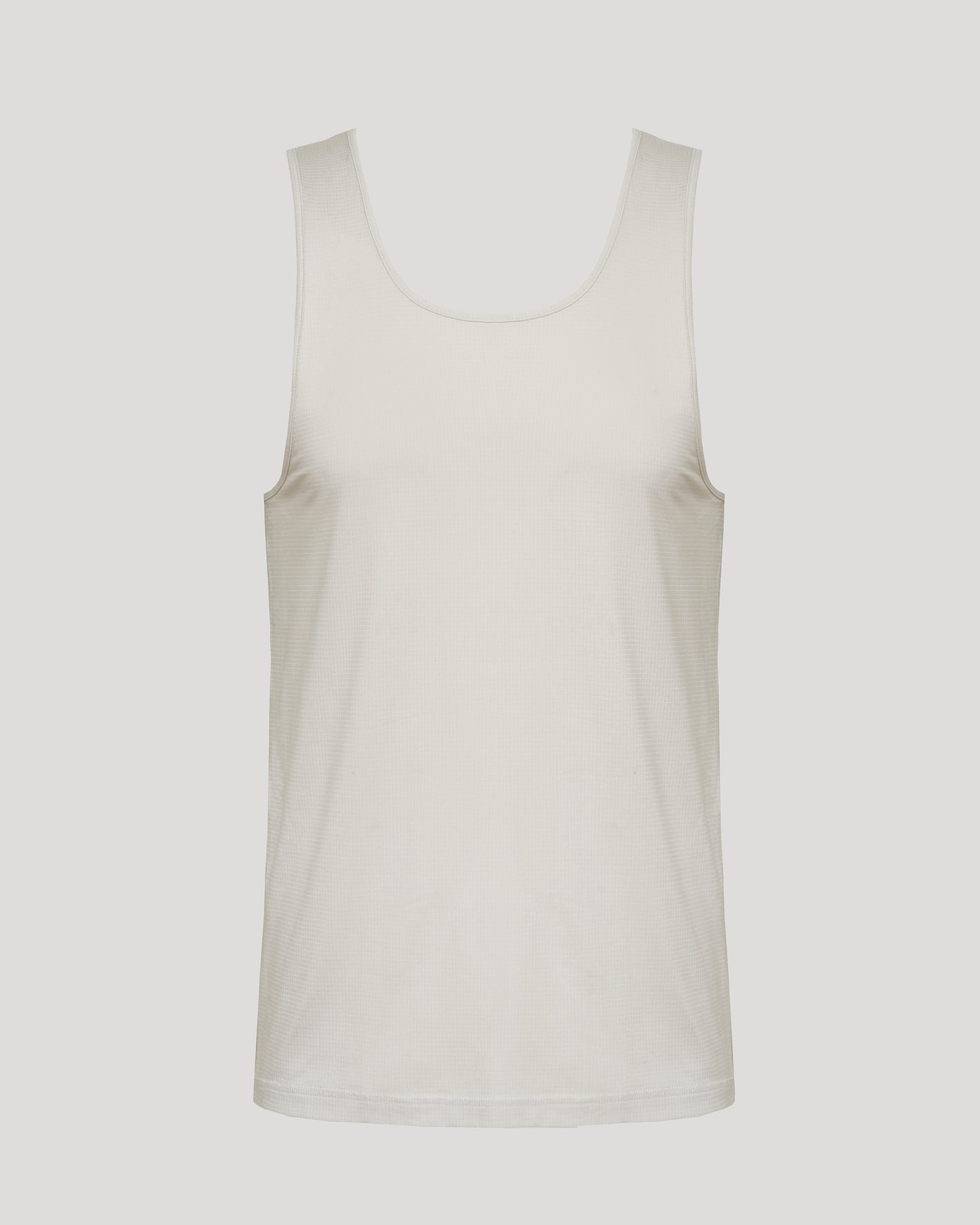 Dove Sleeveless Active Mesh Tank, light cream, laid flat, athletic cut.
