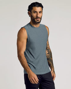 True ClassicMan wearing a heather navy Sleeveless Active Muscle Tee 3-Pack, showcasing a sleeveless, fitted muscle tee in a soft, breathable fabric for men's active basics.