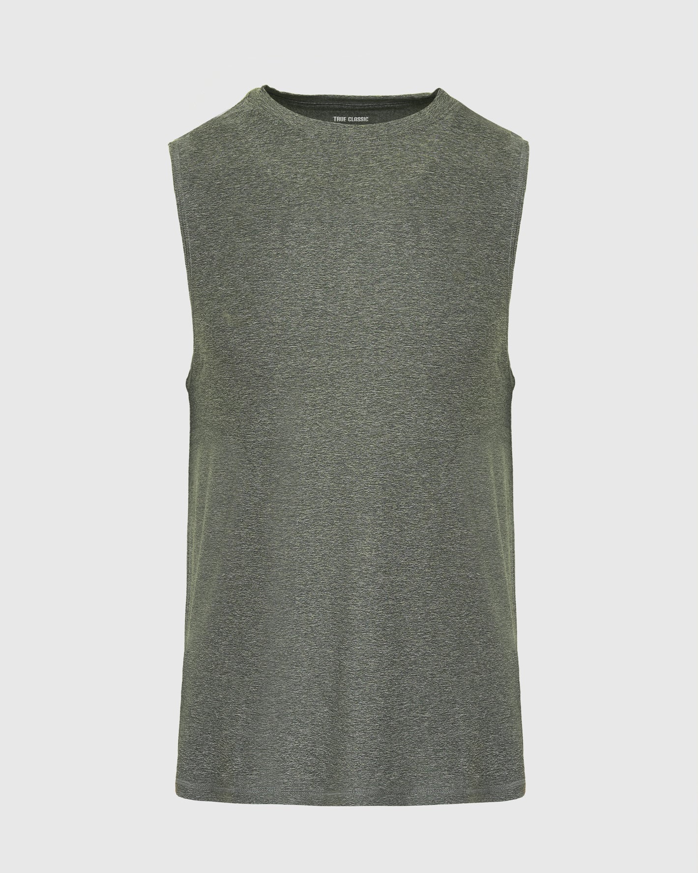 Heather Forest Sleeveless Active Muscle Tee in heathered knit with round collar.