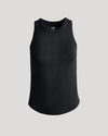 Womens Black Ribbed High Neck Tank, crew neckline, wide straps, curved hem.