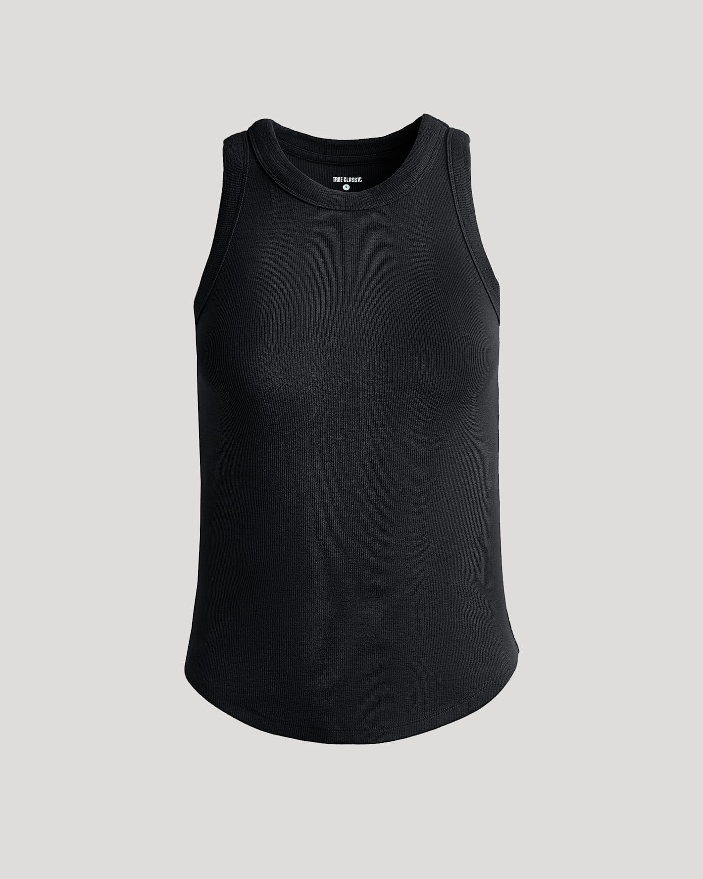Womens Black Ribbed High Neck Tank, crew neckline, wide straps, curved hem.