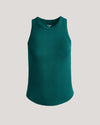 Womens Deep Emerald Ribbed High Neck Tank, sleeveless, curved hem, crew neckline.