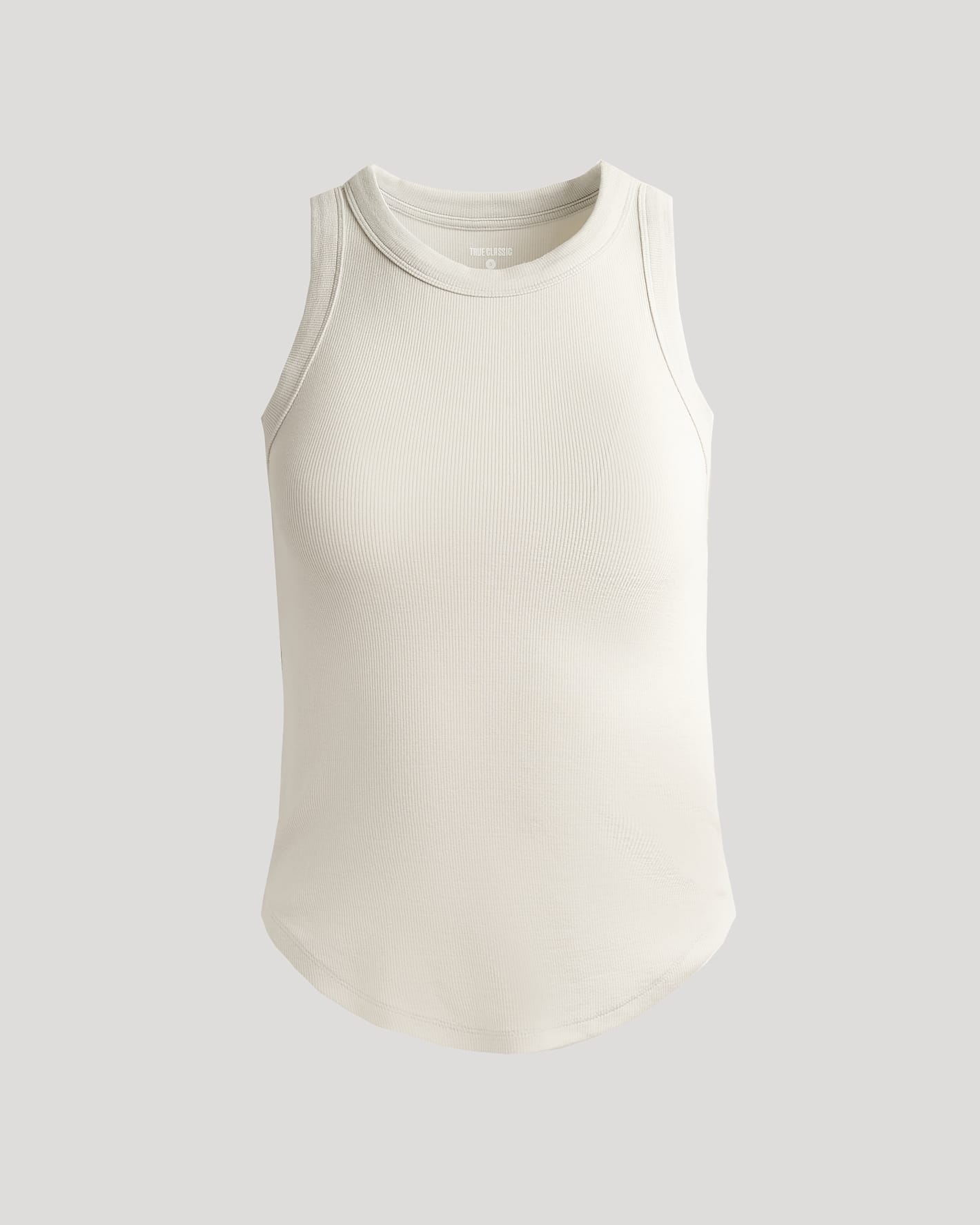 Womens Oatmeal Ribbed High Neck Tank, soft rib knit, body-hugging fit.