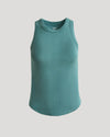 Womens Stormcloud Ribbed High Neck Tank, sleeveless, flat on neutral background.