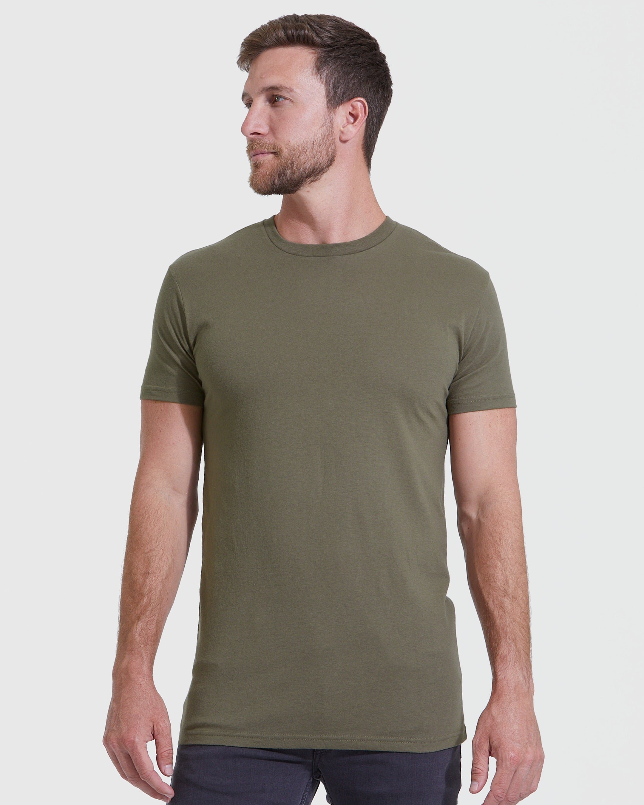 Military Green Tall Round Hem Crew Neck T-Shirt