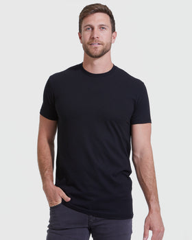 All Black Tall Straight Hem Crew Neck T-Shirt worn by male model.