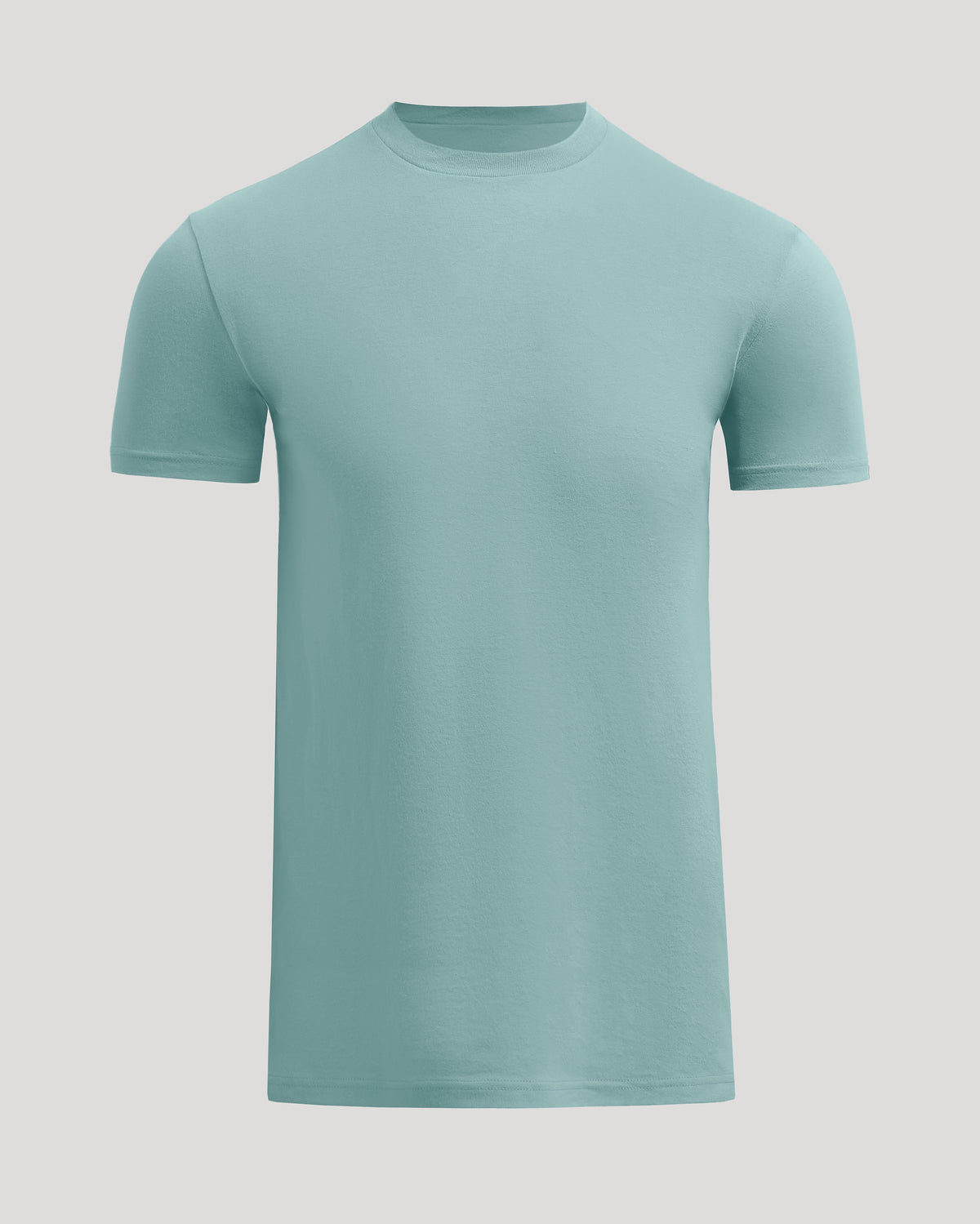 A light blue-green crewneck short-sleeve t-shirt displayed on a neutral light gray background.