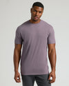 Man wearing Dark Heather Amethyst Tall Crew Neck T-Shirt, straight hem.