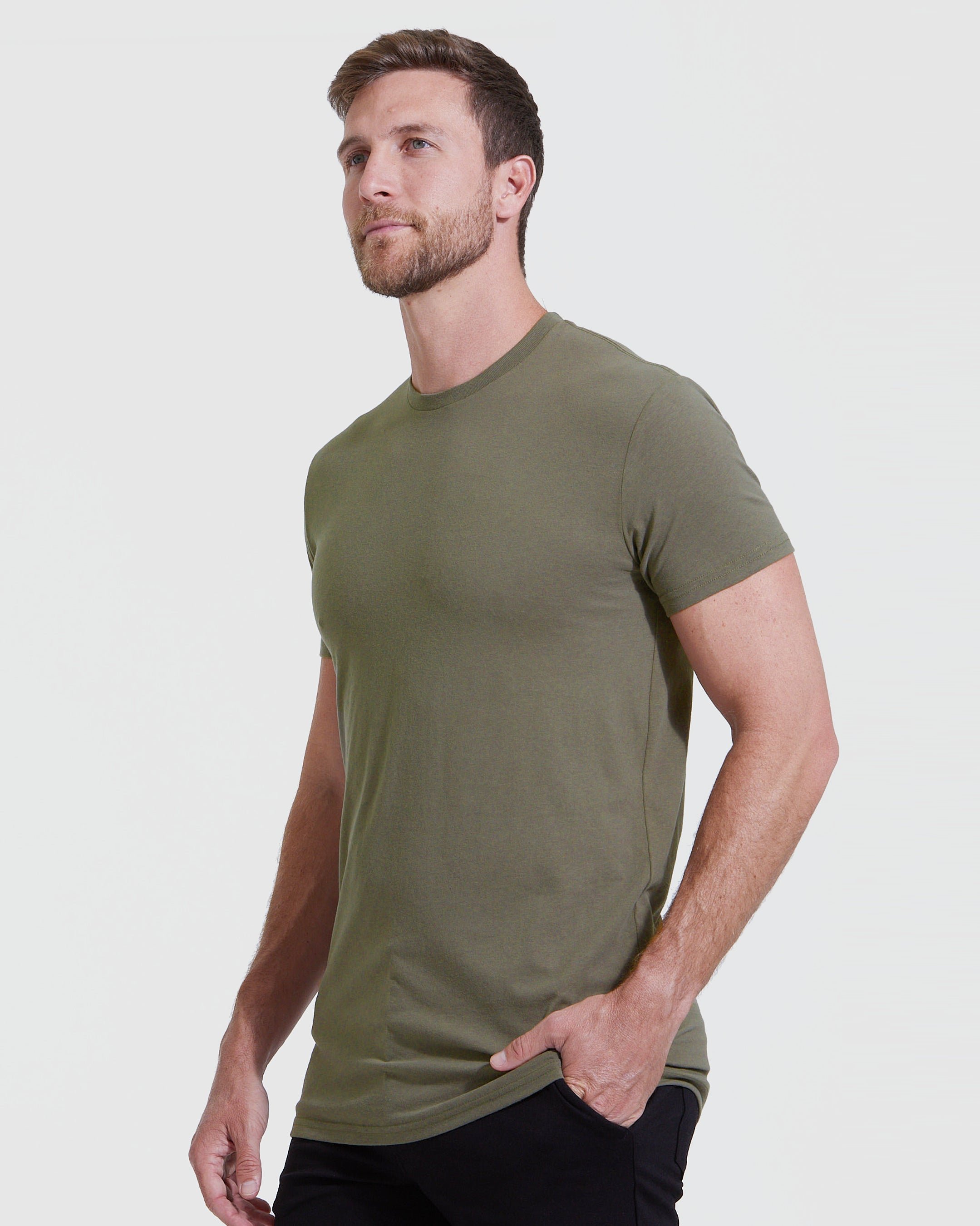 Military Green Tall Straight Hem Crew Neck T-Shirt
