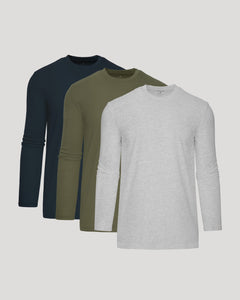 True ClassicThree long-sleeve shirts in navy, green, and gray on a light gray background