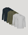 Four long-sleeve shirts in navy, green, and gray on a light gray background