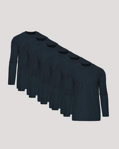 True ClassicRow of dark blue long-sleeve shirts on a light gray background
