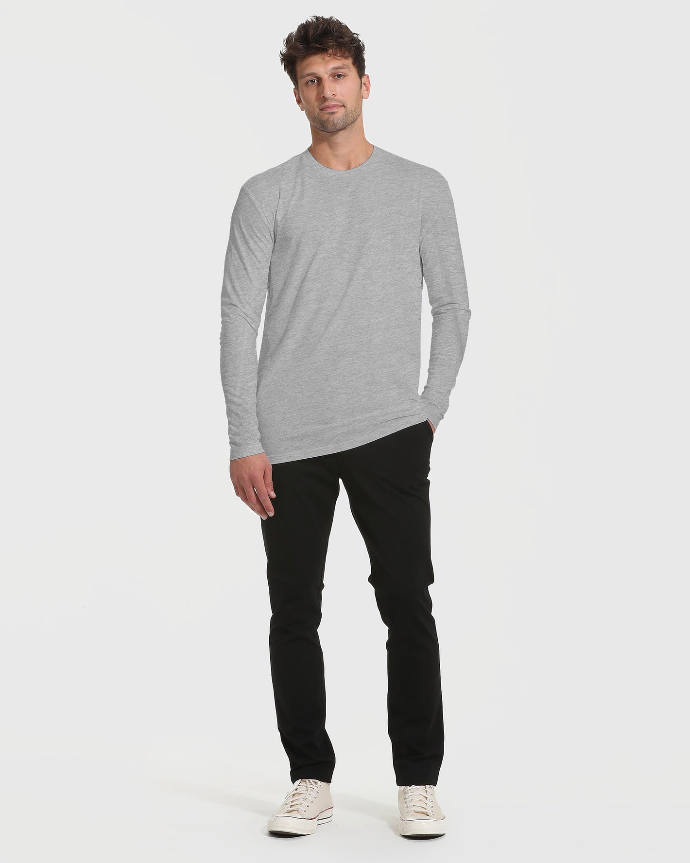 Tall Classic Long Sleeve Crew 3-Pack modeled with slim-fit pants.