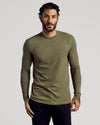 Man wearing Heather Military Green Tall Long Sleeve T-Shirt, showcasing fit.