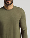 Heather Military Green Tall Long Sleeve T-Shirt on man, emphasizing fit.