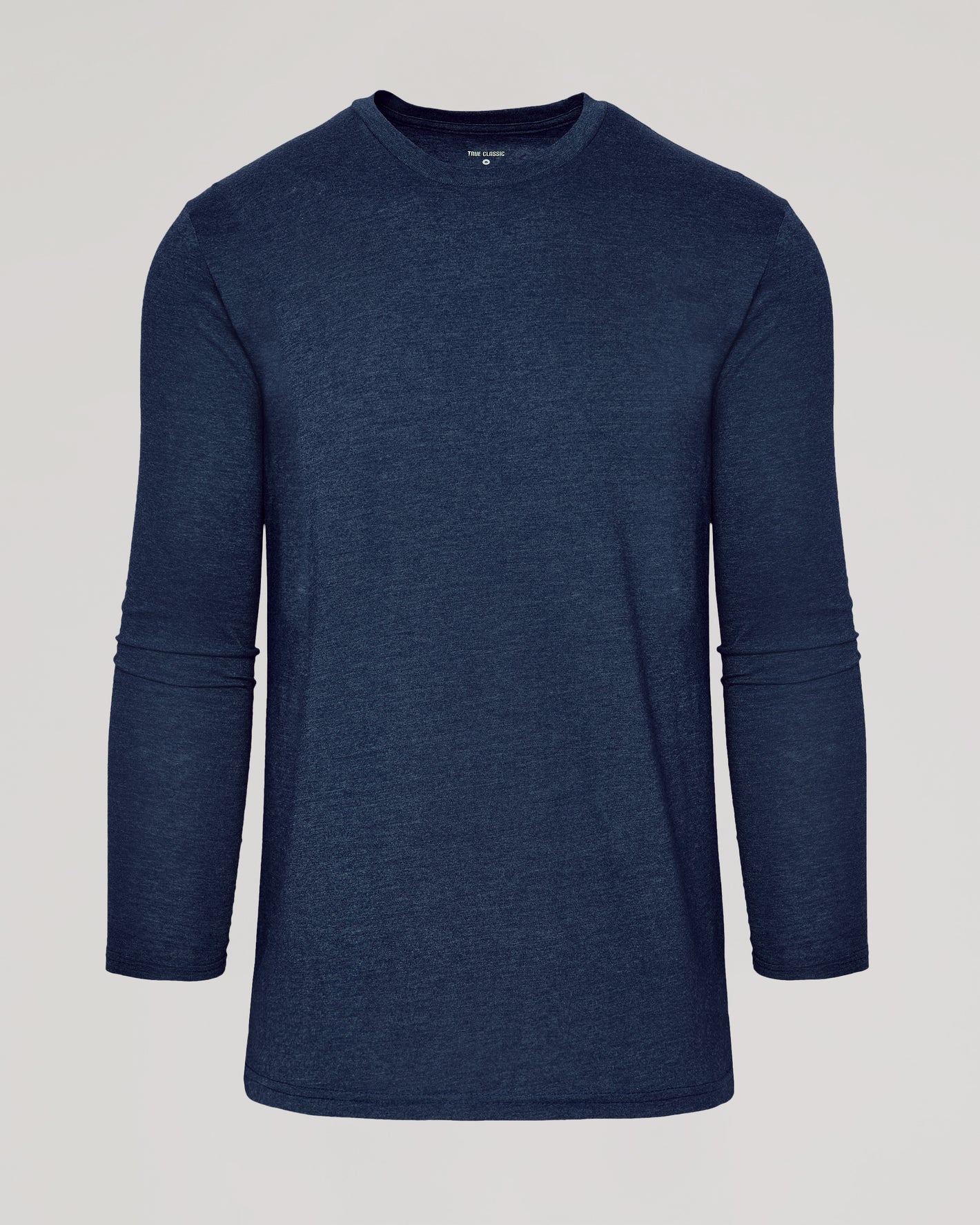 Heather Navy Tall Long Sleeve T-Shirt, slim fit, crew-neck, no graphics.
