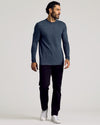 Heather Navy Tall Long Sleeve T-Shirt on male model walking.