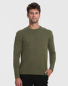 Model wearing Tall Long Sleeve T-Shirt, olive-green, perfect fit.