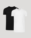 Black and white t-shirts on a light gray background