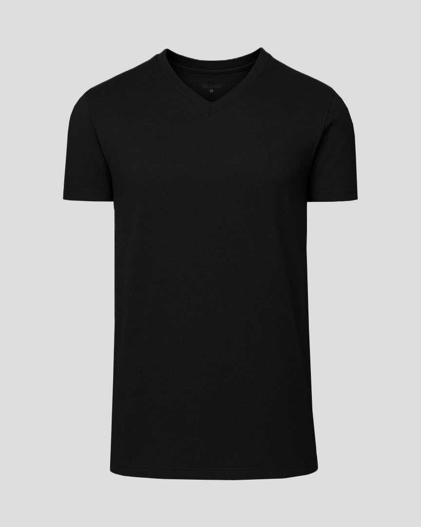 Black Tall Short Sleeve Classic V-Neck on neutral backdrop.