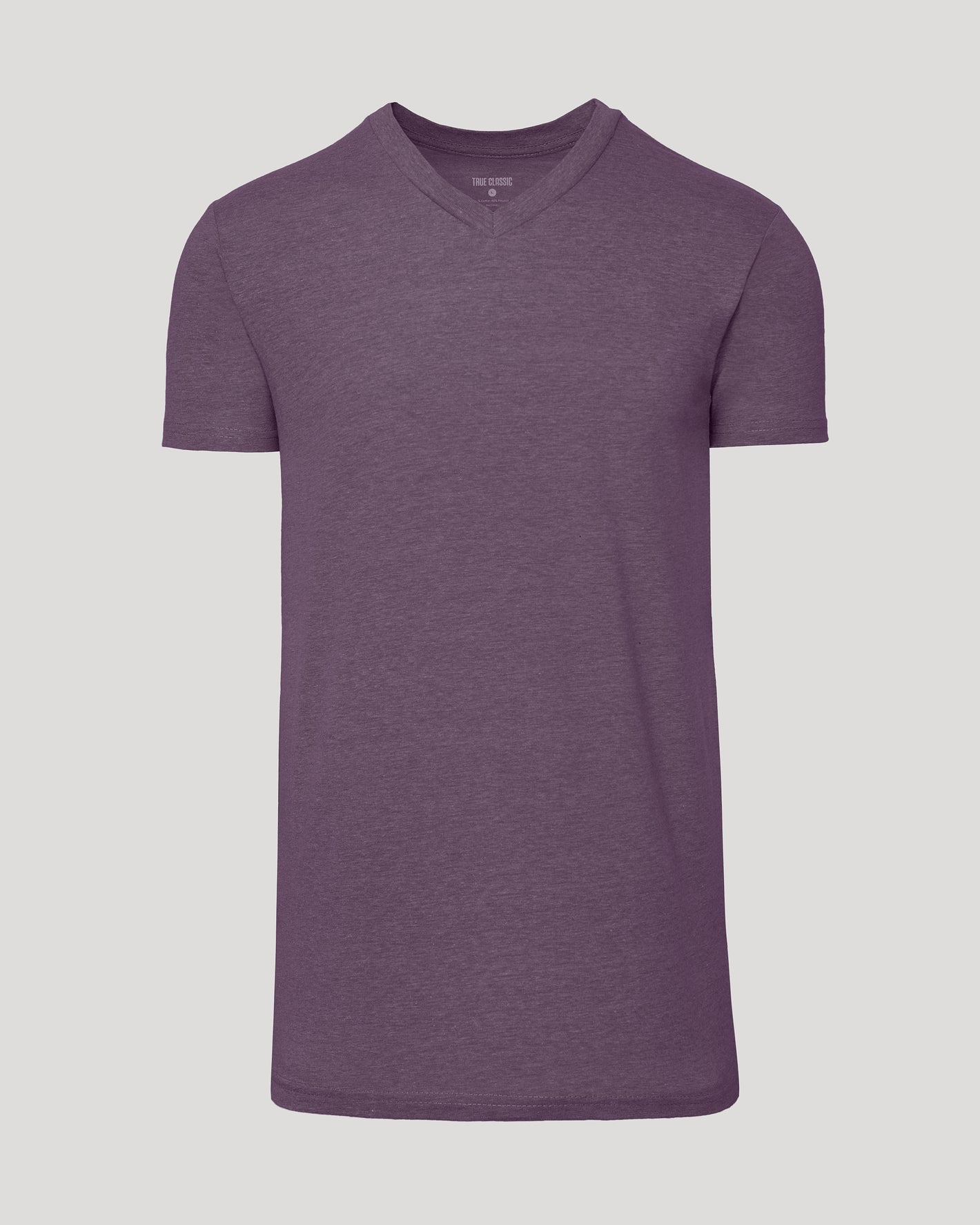 Dark Heather Plum Tall Classic V-Neck T-shirt, laid flat, showcasing tailored fit.