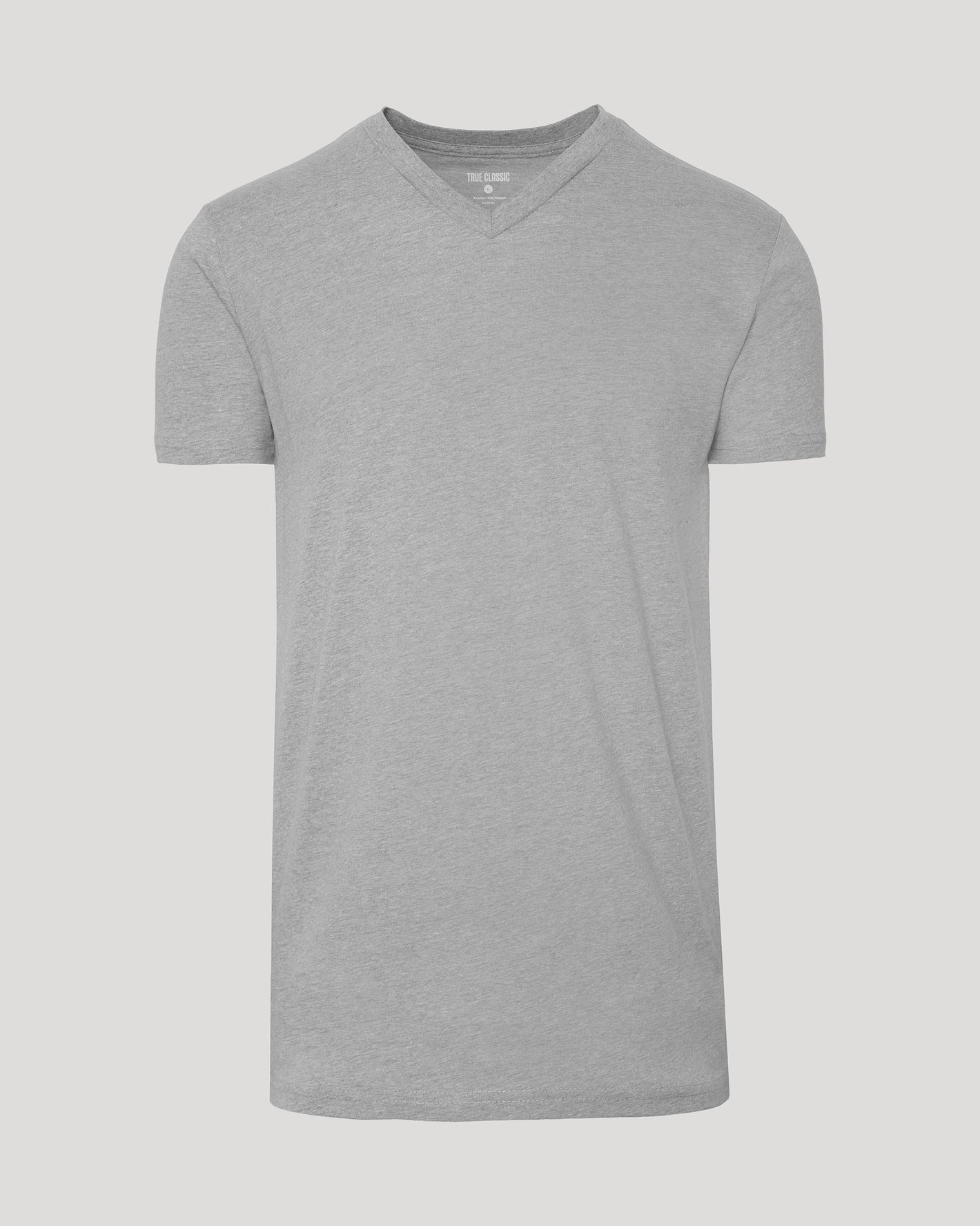 Heather Gray Tall Short Sleeve Classic V-Neck laid flat, showcasing tailored fit.