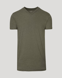 True ClassicHeather Military Green Tall Short Sleeve Classic V-Neck against gray backdrop.