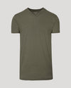 Heather Military Green Tall Short Sleeve Classic V-Neck against gray backdrop.